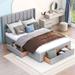 Queen Upholstered Platform Bed with One Large Drawer in the Footboard and Drawer on Each Side, Noise-Free/Easy Assembly, Grey