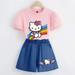 Sanrios Kawaii Anime Hello Kitty Cute Cartoon Kids Short Sleeve T-shirt New Summer Bubble Sleeve Denim Shorts Set Birthday Gift