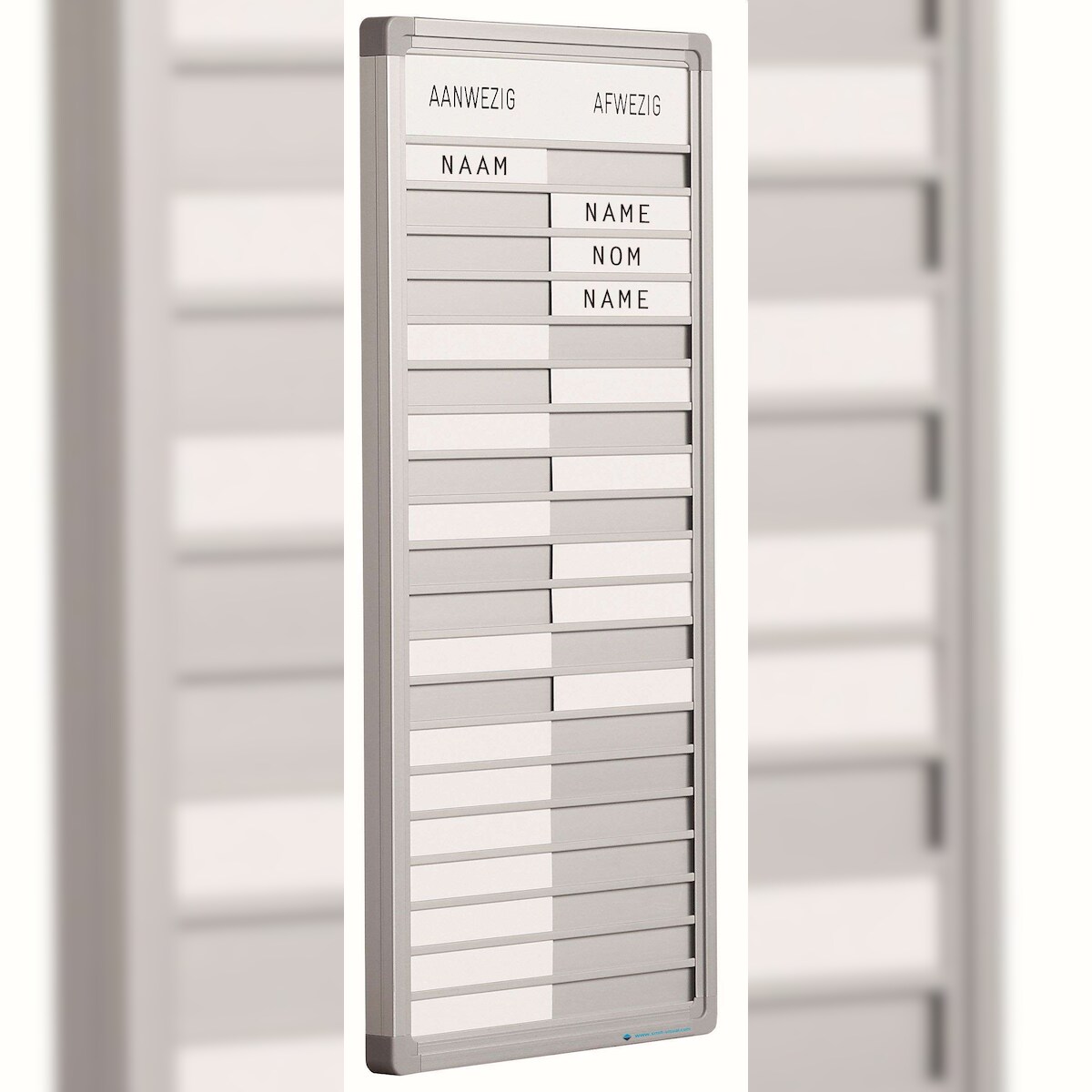 PROREGAL Anwesenheitstafel mit 20-Positionen | HxB 24x53cm | auf Deutsch | inkl. Befestigungsmaterial & blanko Namenschilder | Aluminium/Weiß Image