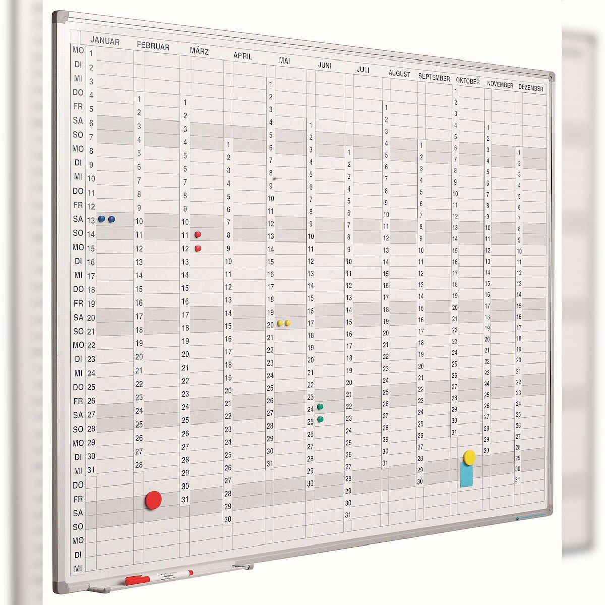 PROREGAL Jahresplaner Whiteboard Slim inkl. magnetische Monat-, Tages- & Zifferstreifen, HxB 90x120cm, inkl. Befestigungsmaterial & Stiftablage, Weiß Image
