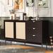 Rattan Two-door Storage Cabinet with 3 Drawers, Mid-Century Modern Buffet Sideboard Cabinet with Sliding Doors