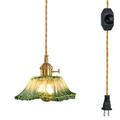 FSLiving Hanging Swag Pendant Light with 15ft Plug-in UL Dimmable Cord Brass Finished E26 Rotary Switch Socket Retro Tiffany Green Hand-Made Glass Lamp for Bedroom Bulbs Not Included - 1 Pack