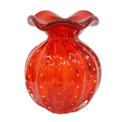 Red Marmalade,'Handblown Ruffled Art Glass Vase in Cherry Red from Brazil'