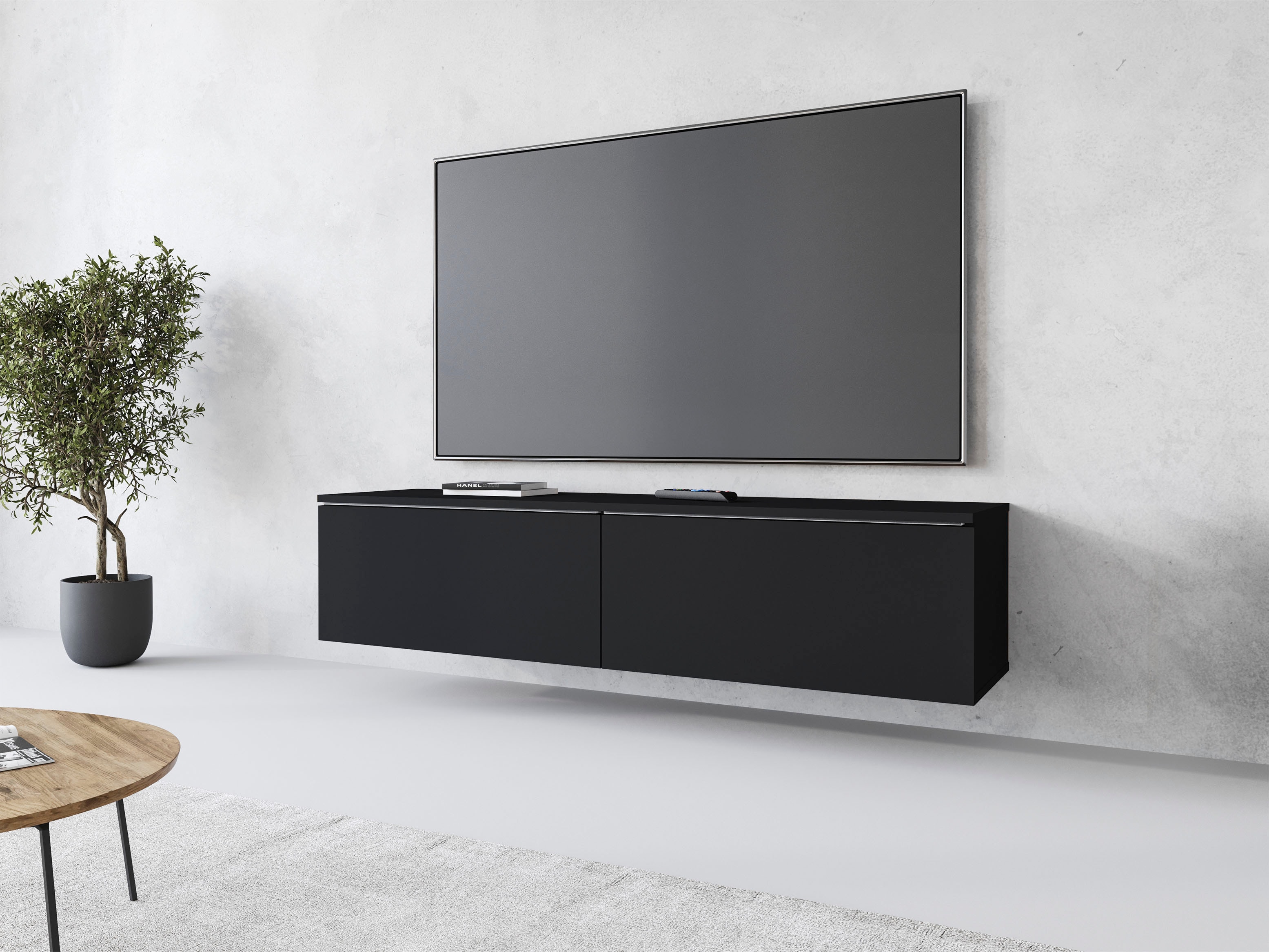 Lowboard HOME AFFAIRE "LOWBOARD D, wahlweise mit oder ohne Beleuchtung", schwarz (graphite schwarz matt), B:140cm H:30cm T:33cm, Sideboards, Lowboard, modernes TV-Board ohne Griffe, mit viel Stauraum,stehend und hängend