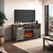 Gracie Oaks Shawnna Farmhouse Fireplace TV Stand w/ Power Outlet for 70+ Inch TV, Sliding Barn Glass Door Wood in Brown/White | Wayfair