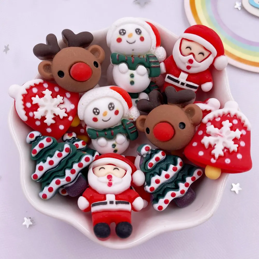 Figurine de Noël en résine colorée, bonhomme de neige mignon, cloche, tête de cerf, père Noël, arbre, dessin animé, scrapbooking, décoration, artisanat, bricolage, 10 pièces