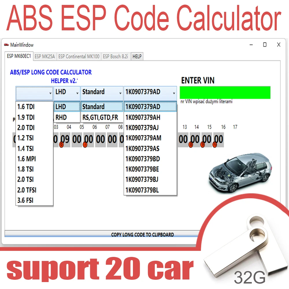 Calculatrice à code long ABS ESP pour unités Bosch ESP Changes en adaptasions et codes Le numéro VAG VCDS VIN prend en charge plus de 20 voitures