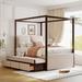 Full Size Upholstered Canopy Bed with Trundle and 3 Drawers for Bedroom, Beige