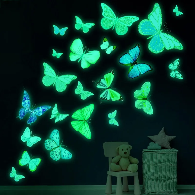 Adesivi murali farfalla luminosa Farfalle colorate 3D Decalcomanie murali luminose Carta da parati per camera da letto Soggiorno Decorazione domestica