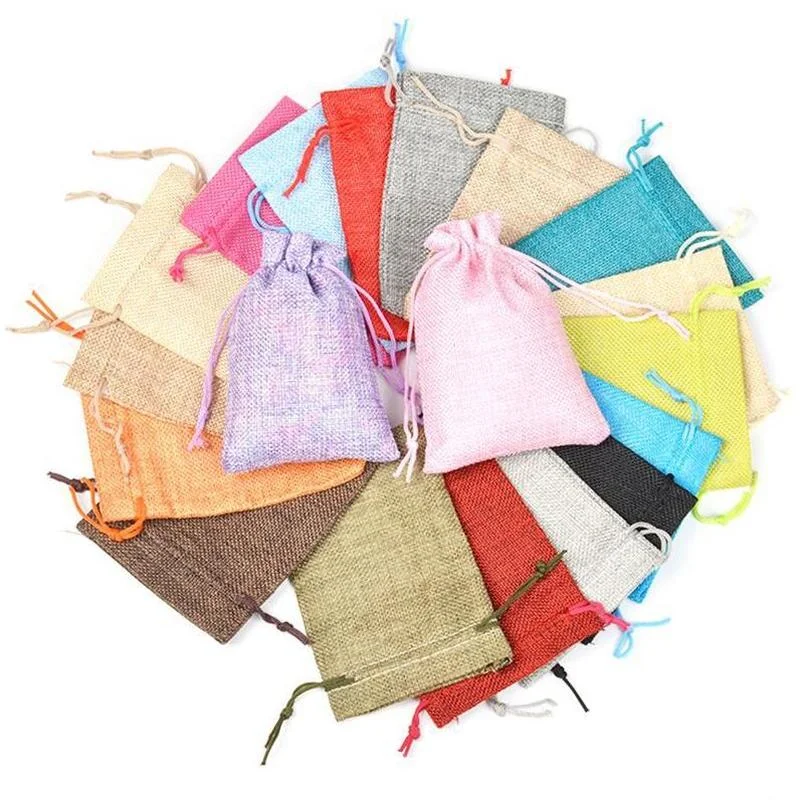 50 pz/lotto 7x9 9x12 10x14 13x18 15x20 cm Sacchetti regalo di iuta fatti a mano sacchetto naturale Sacchetti di imballaggio regalo in cotone e lino Sacchetto di immagazzinaggio dei gioielli