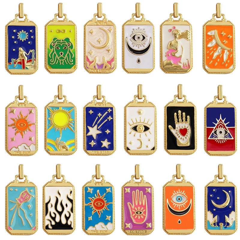 Carte dei tarocchi smaltate Sun Star Moon Evil Eye cuore ciondolo con ciondolo a mano, bracciali placcati oro 18 carati collane accessori per gioielli M80