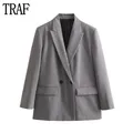 TRAF Blazer lungo Oversize grigio donna Blazer doppiopetto per donna giacca da ufficio invernale