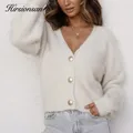 Hirsionsan elegante maglione Mohair manica lunga donna 2023 nuovo Cardigan corto femminile monopetto