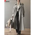 Classic Grey Long Belt Trench Coats donna coreano doppio petto Gabardina giacche Streetwear giacca a