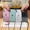 Con tracolla Corda Cavo Trasparente Glitter Custodia per iPhone 11 12 13 14 15 pro max se 2 2020 2022 Cordino a tracolla Cover Fundas