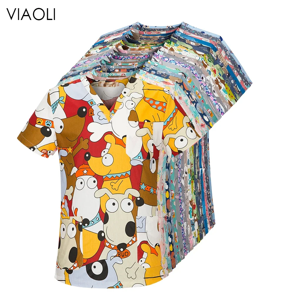 viaoli Cotton Cartoon stampa spa uniforme salone di bellezza Negozio di animali uniforme Moda Slim Fit top scrub vestiti donna scrub camice da laboratorio