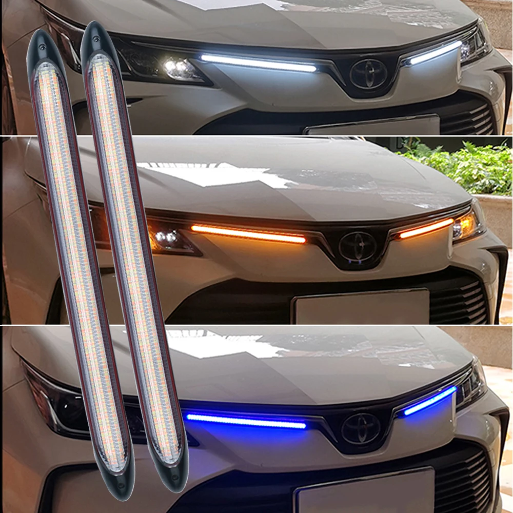 2 pezzi per auto LED DRL luce di marcia diurna striscia flessibile impermeabile faro sequenziale flusso dinamico indicatori di direzione luci gialle 12V