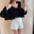Dolce coreano imposta autunno Cardigan scollo a V manica lunga rosa Mohair maglione cappotto Sexy