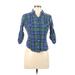Derek Heart 3/4 Sleeve Button Down Shirt: Blue Plaid Tops - Women's Size Large