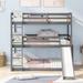 Twin Over Twin Over Twin Triple Bunk Beds with 2 Front Ladders, Slide, Safety Guard Rails for Kids Teens, No Box Spring Needed