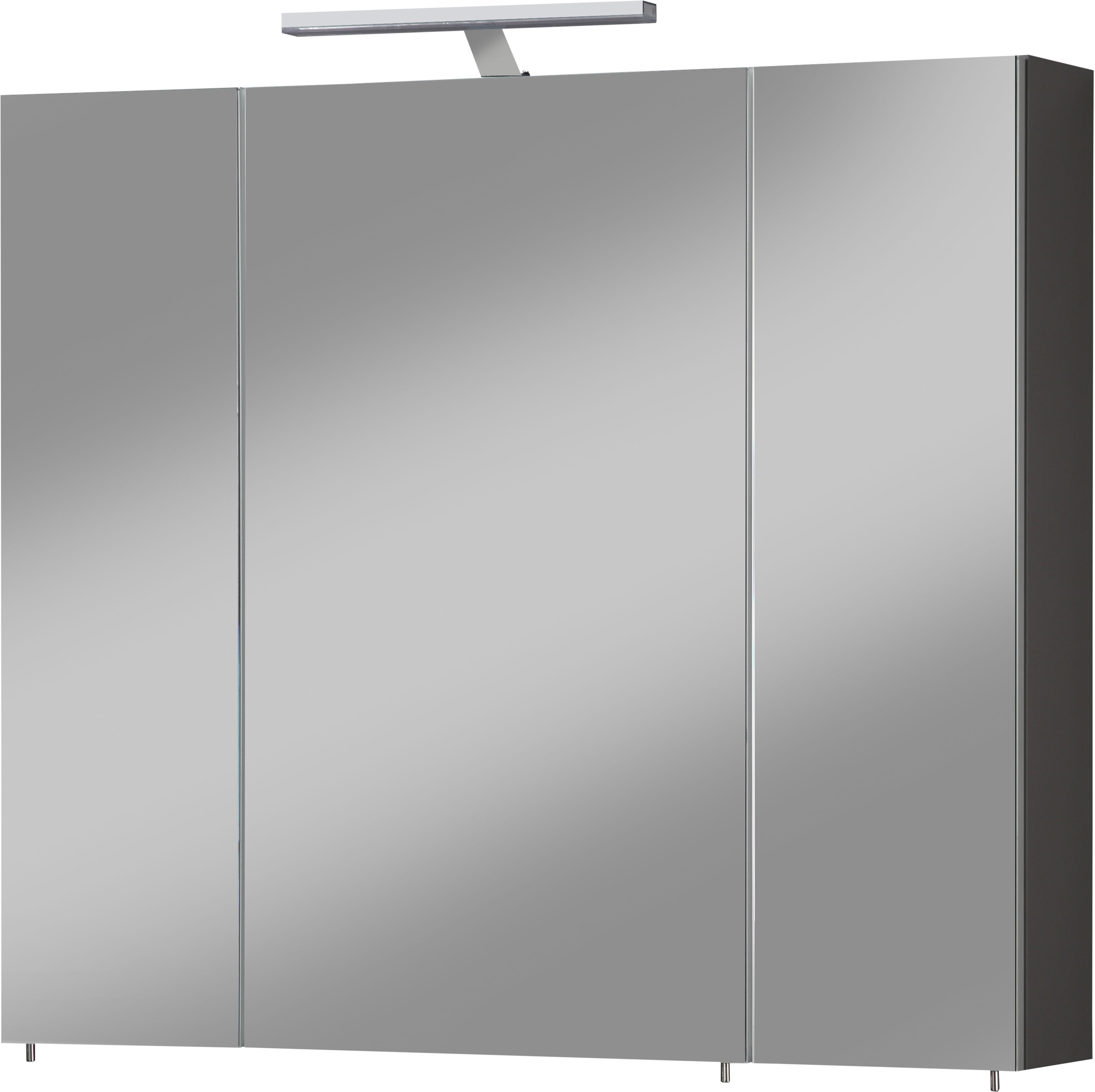Spiegelschrank WELLTIME "Torino", grau (basaltgrau), B:80cm H:75cm T:15,7cm, FSC-zertifizierter Holzwerkstoff, Schränke, Breite 80 cm, 3-türig, LED-Beleuchtung, Schalter-/Steckdosenbox Image