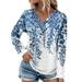 UoCefik Sexy Tops For Women 2023 Trendy Long Sleeve Graphic Compression Shirts Woman Casual V Neck Floral Print Dress Blouses for Woman Boho Fall Button Womens Clothing Pleated Plus Size Tees Blue M