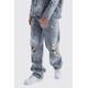 Mens Grey Baggy Rigid All Over Distressed Jeans, Grey