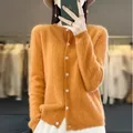 Autumn Winter Women 100% Merino Wool Sweater Lace O-neck Wheat Ear Pattern Hollow Out Cardigan