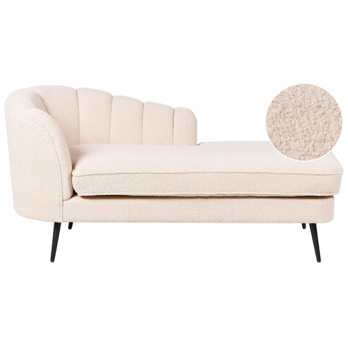 Chaiselongue Hellbeige Bouclé Linksseitig mit Schwarzen Metallbeinen Lehne Muschelform Glamourös Modern Muschelsofa Wohnzimmer Ausstattung