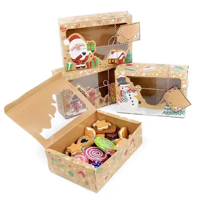 3pcs Mix Style Kraft Paper Box Christmas Cookie Boxes Doughnut Gift Boxes with Clear Window Gift