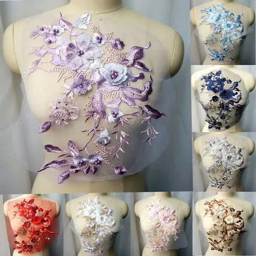 Weiß Blau Lila Grau 3D Blumen Perlen Strass Appliques Gestickte Brautkleid Dekoration Mesh Nähen