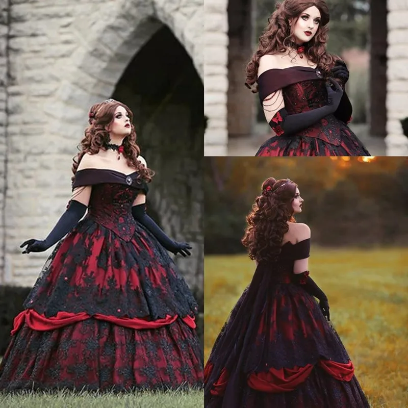 Gothic Belle Rot Schwarz Spitze Brautkleid Vintage Lace-up Korsett Liebsten Tiered Schönheit Off Schulter Plus Größe Braut kleid