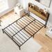 Black Full Size Bookcase Bed, Metal Platform Bed w/ Charging Station