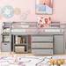 Full Size Wooden Loft Bed with Retractable Writing Desk and 3 Drawers, Grey