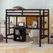 Twin Size All-in-One Loft Bed w/ Desk Upholstered Bed & Writing Board Wooden Platform Bed & 2 Drawers Cabinet Storage Bed