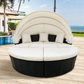 Outdoor Conversation Sets Round Patio Daybed Sunbed with Retractable Canopy and Beige Cushion Rattan Wicker Patio Furniture Daybed Sets Outdoor Sectional Sofa Set for Garden backyard Pool