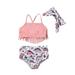 Newborn Baby Girls Bikini Sets Pink/Yellow Tassel Halter Top Dinosaur/Flower Bottom Headband 3Pcs Swimsuit Bathing Suit