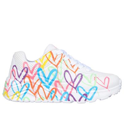 Skechers Girl's JGoldcrown: Uno Lite - Spread the Love Sneaker | Size 3.0 | White | Synthetic | Machine Washable