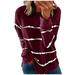 RPVATI Womens Tops Dressy Casual Striped Crew Neck Compression Shirt Women Long Sleeve Tunic Tops Plus Size Tee Shirts Fashion Fall Winter Blouses Loose Fit Clothes Wine 5XL