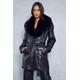 Leather Look Fur Collar Detail Trench Coat