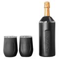 Vinglacé Wine Bottle Chiller Gift Set- Portable Stainless Steel Wine Cooler with 2 Stemless Wine Glasses, Black, VBLK2WGVG