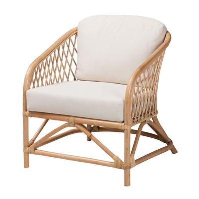 Patsy Modern Bohemian White Fabric And Natural Brown Rattan Armchair by Bali & Pari in White Natural Brown