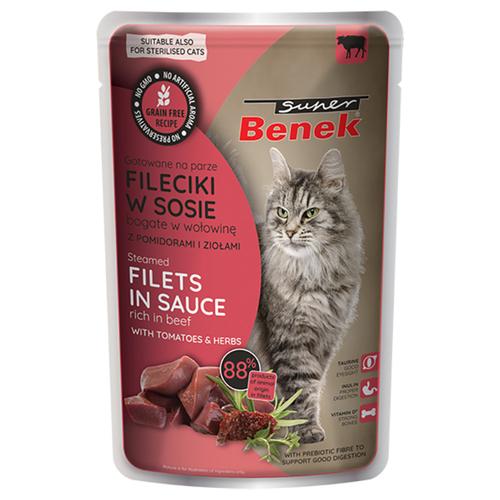 56x 85g Super Benek Getreidefrei Gedämpfte Filets Rind mit Tomaten in Sauce Katzenfutter nass