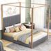 Queen Gray Canopy Platform Bed Four Poster Bed w/ Striped Headboard