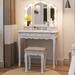 Vanity Table Set with Lighted Tri-Folding Mirror 5 Drawers