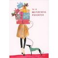 Pictura Woman Holding Stack of Presents with Skinny Black Dog In Sweater Christmas Card for Daughter