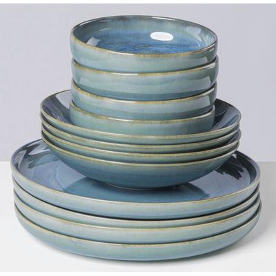 Tafelservice GIPFELSTÜCK "Geschirr-Set, Service Tiefer See", bunt (grün, blau), 12 tlg., Steinzeug, Geschirr-Sets, Scandi-Style, jedes Stück ein Unikat, 12 Teile, für 4 Personen Image
