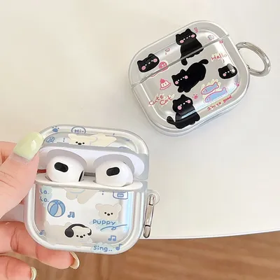 Galvanisierte silberne Hülle für Apple Airpods Pro 2 1 3, Cartoon-schwarze Katze, weißer Hund, Muster, Kopfhörer-Ladebox, Schutzhülle Image