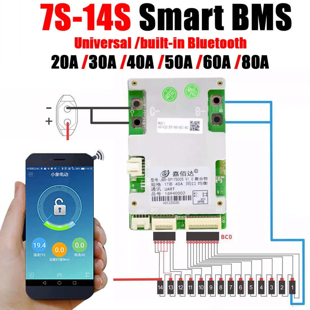 7S ~ 17S JBD Bluetooth Smart BMS 10S 12S 13S 14S 16S Lithium-Batterie Schutz Bord 24V 36V 48V 52V 60V Li-Ion Lipo 20A 40A 60A Image