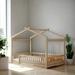 Full Size Natural Wood Bed House Bed Frame with Fence for Kids